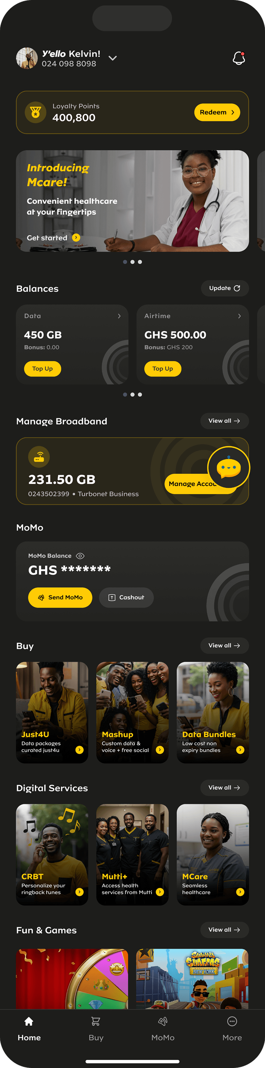 myMTN app home screen in dark mode with the Zigi floating action button in the bottom right corner