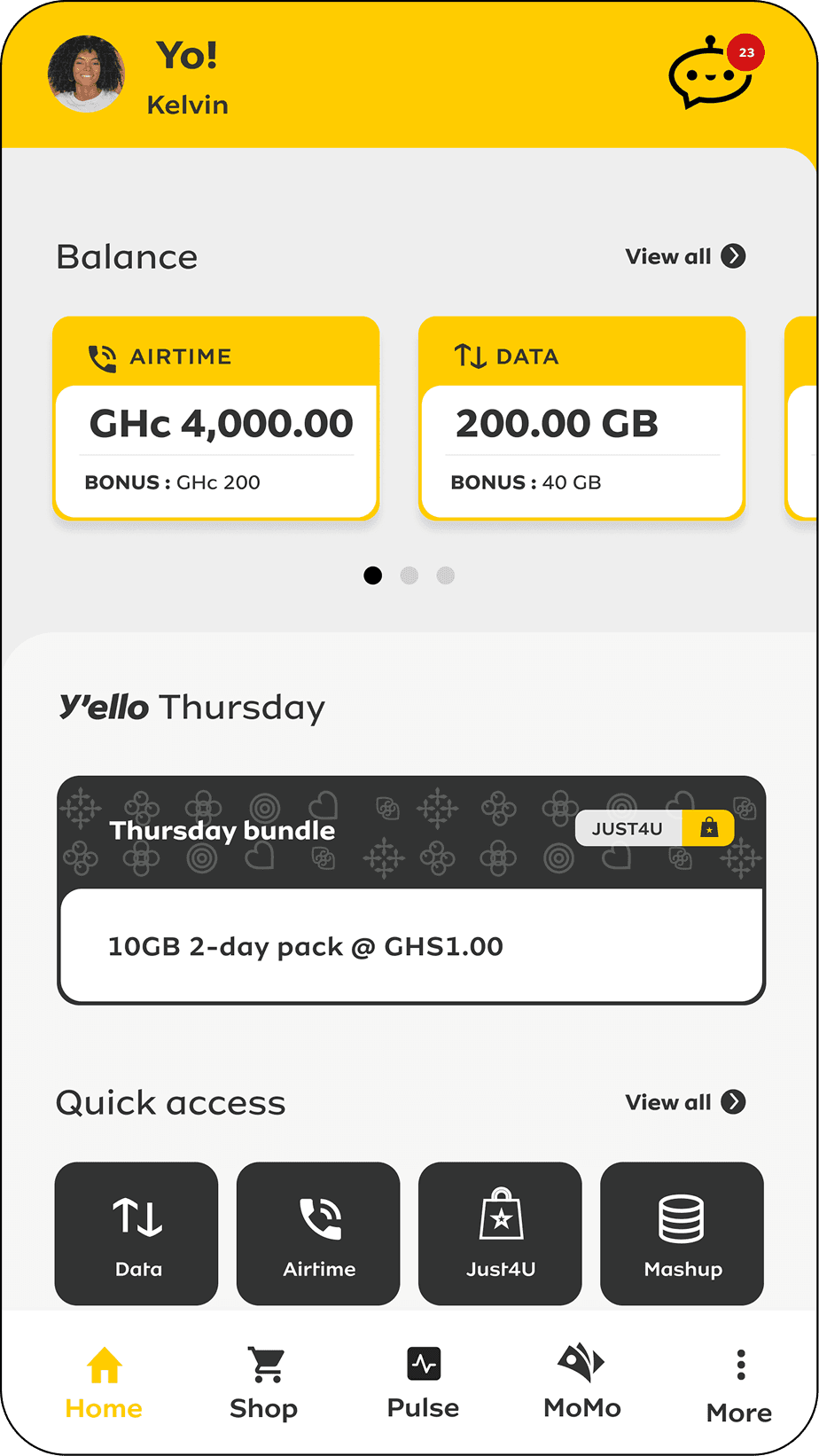 The old myMTN home screen, with the flat Zigi icon in the top right corner