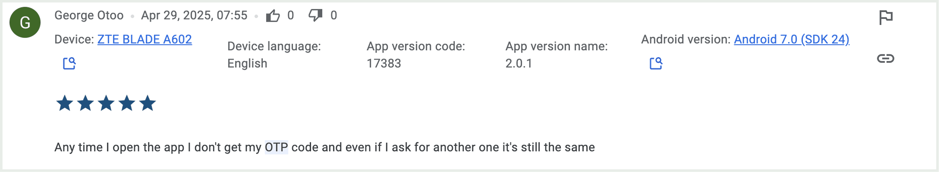 User feedback: OTP code not received