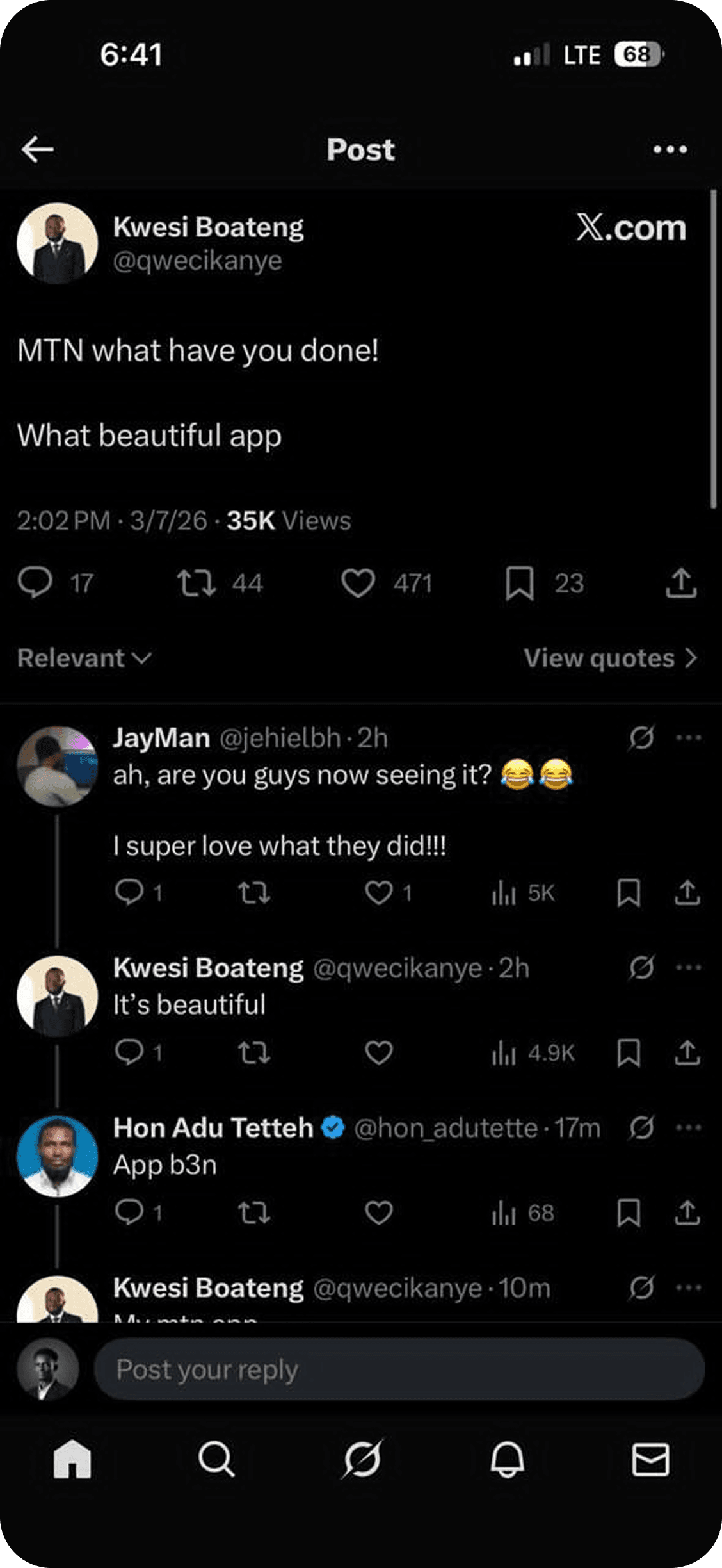 X post by Kwesi Boateng: โMTN what have you done! What beautiful appโ, with replies