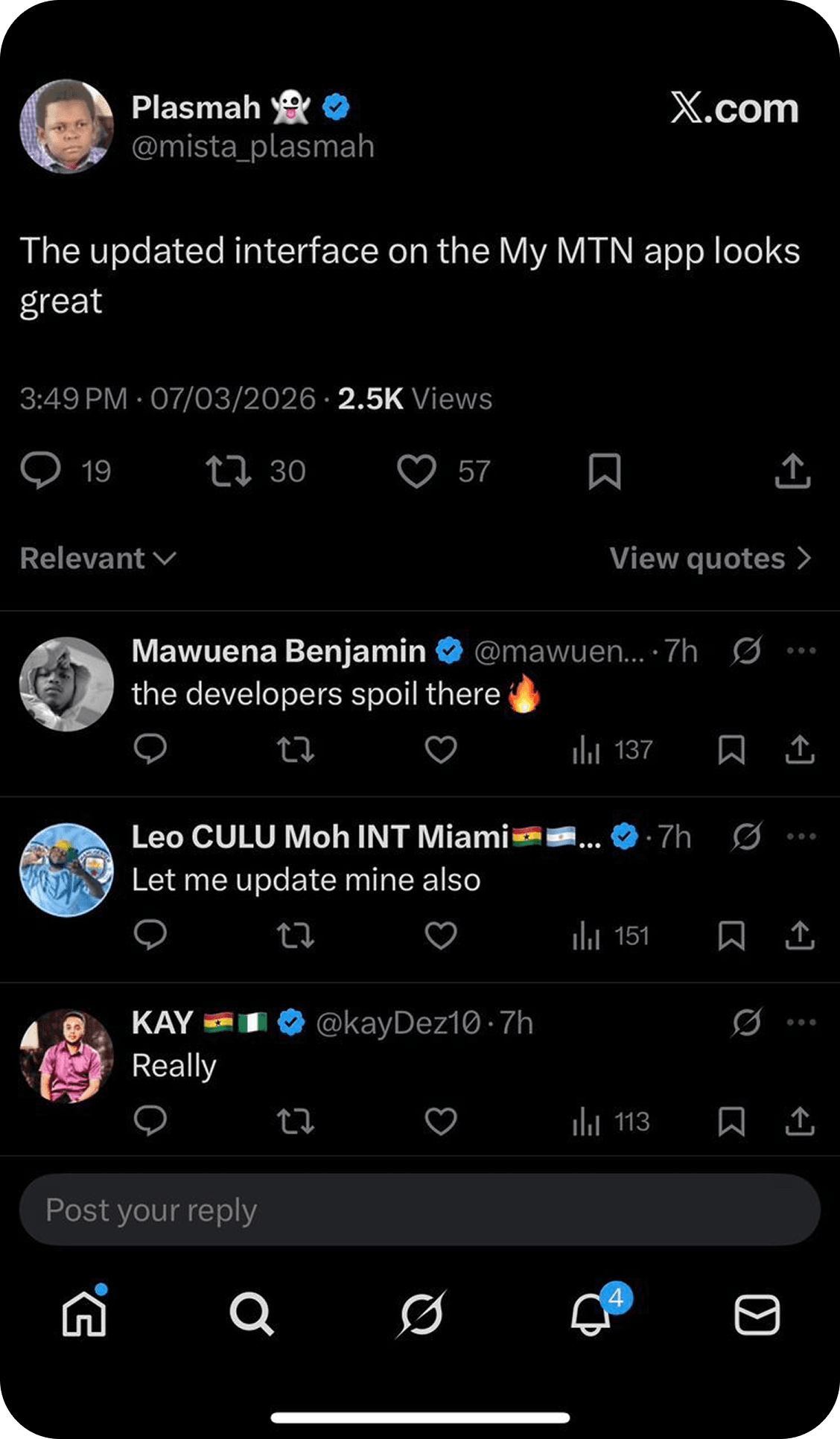 X post by Plasmah: โThe updated interface on the My MTN app looks greatโ, with replies