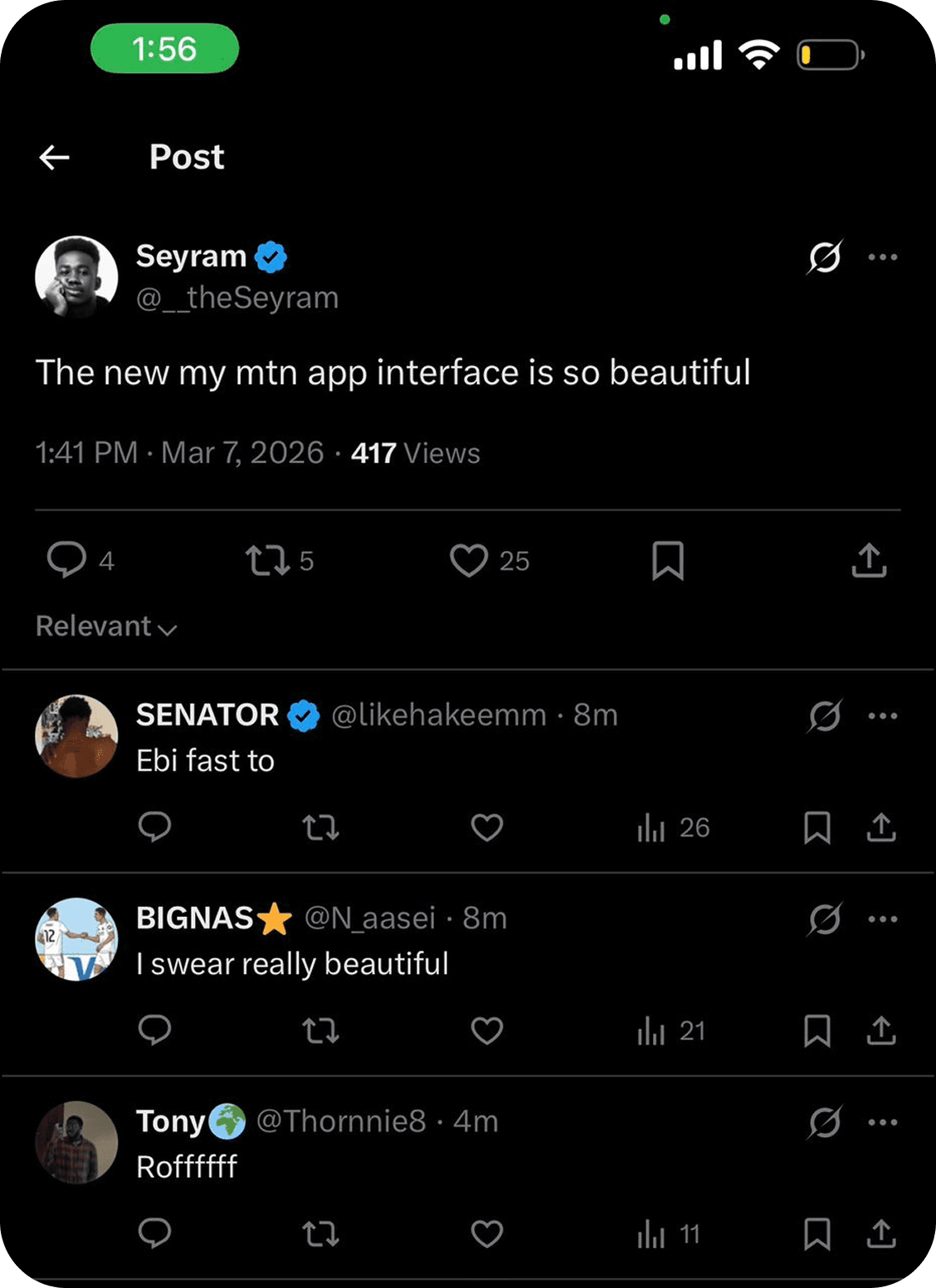 X post by Seyram: โThe new my mtn app interface is so beautifulโ, with replies