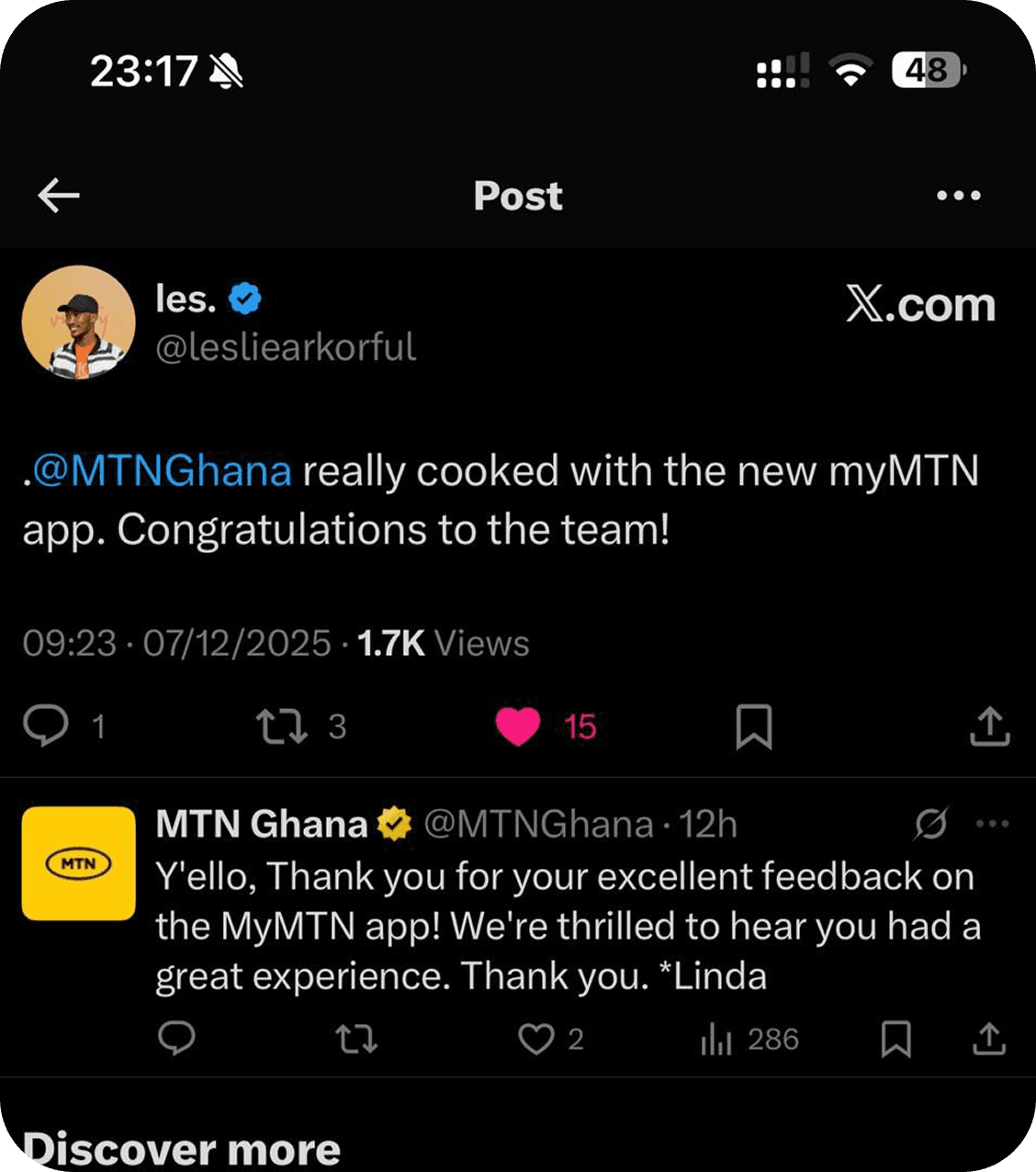 X post by les.: โ@MTNGhana really cooked with the new myMTN app. Congratulations to the team!โ, with a reply from MTN Ghana